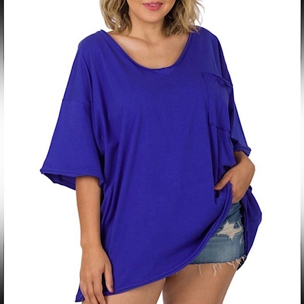 ZENANA Oversized Raw Edge Front Pocket Hi Low Tee Top - Picture 6 of 14